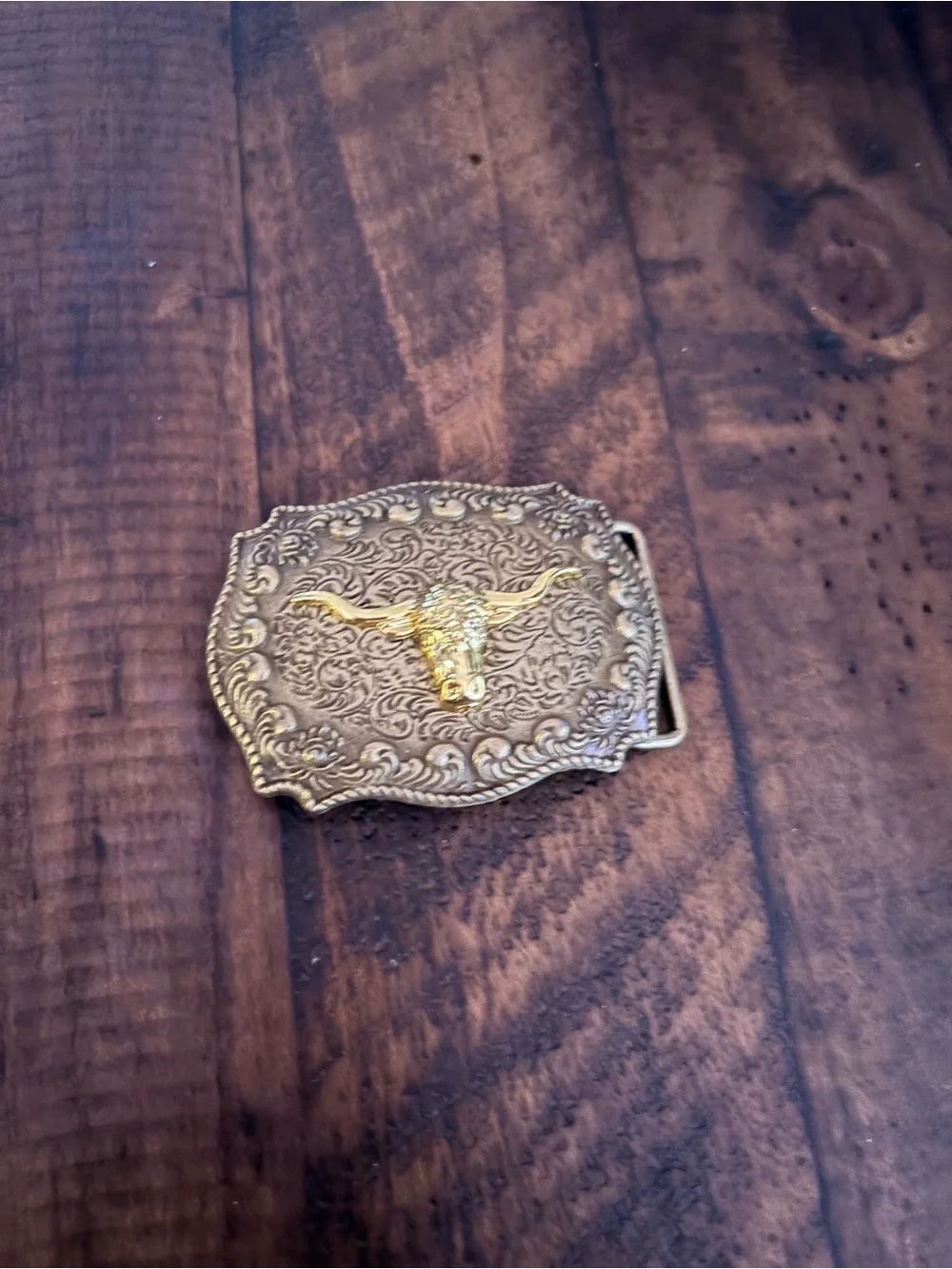 Western Longhorn Floral Metal Belt Buckle - Gold Tone